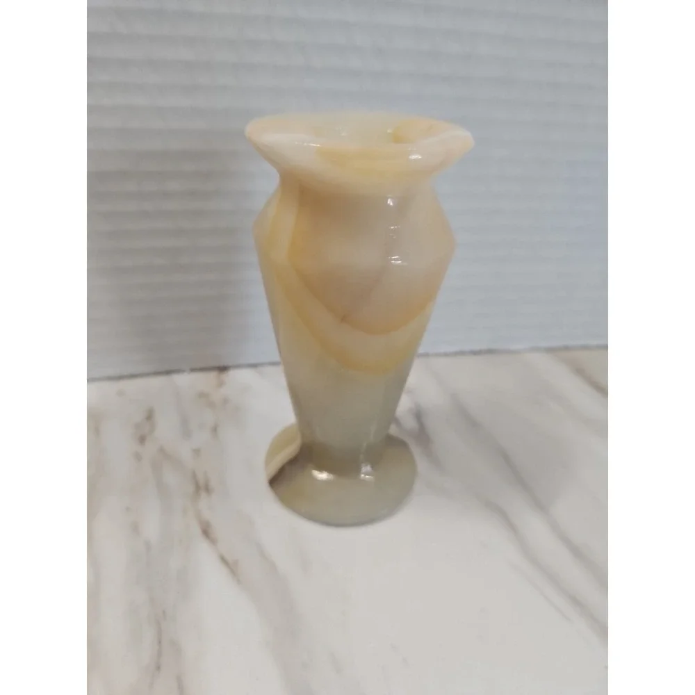 Vintage Cream/White Agate Small Stone Vase Earthy-tan Veining Marbled Heavy